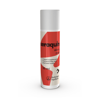 White background with a bottle of Seraquin Skin & Coat. On both the bottle is a silhouette of a cat and dog head. Additional text on the box states 'A liquid supplement that promotes skin and coat health.'
