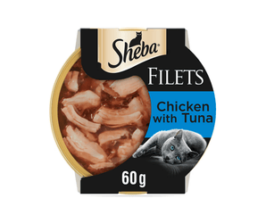 White background with a tray of Sheba Filets with Tuna in gravy, pictured on the front is a British blue cat.