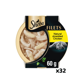 White background with a tray of Sheba Filets with chicken in gravy, pictured on the front is a British blue cat.