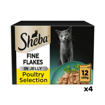White background with a box of Sheba Fine Flakes Poultry Selection in jelly, pictured on the front is a British blue cat.