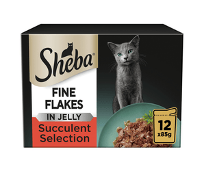 White background with a box of Sheba Fine Flakes Succulent Selection in jelly, pictured on the front is a British blue cat.