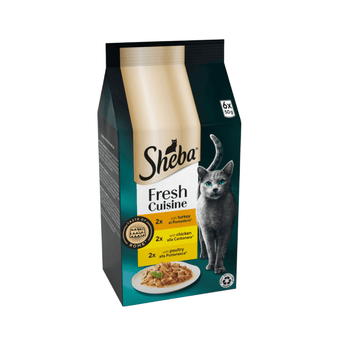White background with a packet of Sheba Cuisine Taste of Rome in gravy, Chicken, Turkey and Poultry. Pictured on the packet is a British blue cat.