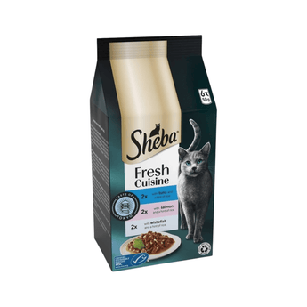 White background with a packet of Sheba Cuisine Taste of Tokyo in gravy, Tuna, Salmon and Whitefish. Pictured on the packet is a British blue cat.