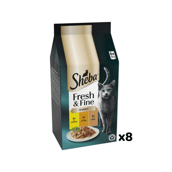 White background with a packet of Sheba Fresh and Fine in gravy, Chicken, Turkey and Duck. Pictured on the packet is a British blue cat.