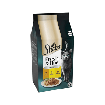 White background with a packet of Sheba Fresh and Fine in jelly, Chicken, Turkey and Poultry. Pictured on the packet is a British blue cat.