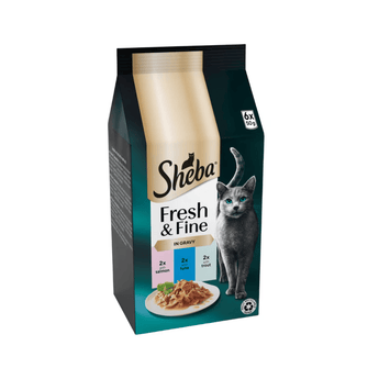 White background with a packet of Sheba Fresh and Fine in gravy, Salmon Tuna and Trout. Pictured on the packet is a British blue cat.
