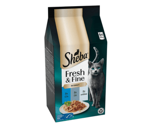 White background with a packet of Sheba Fresh and Fine in gravy, Tuna, Cod and Whitefish. Pictured on the packet is a British blue cat.