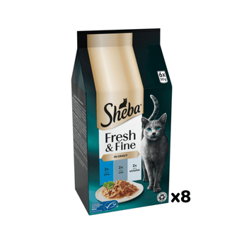 White background with a packet of Sheba Fresh and Fine in gravy, Tuna, Cod and Whitefish. Pictured on the packet is a British blue cat.