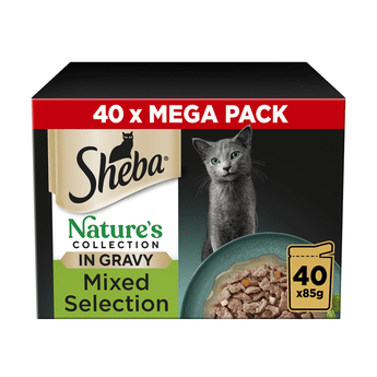 White background with a box of Sheba Nature's Collection Mixed Selection in gravy, pictured on the front is a British blue cat.