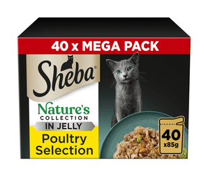 White background with a box of Sheba Nature's Collection Mixed Selection in jelly, pictured on the front is a British blue cat.