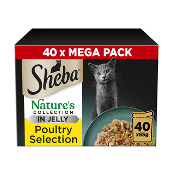 White background with a box of Sheba Nature's Collection Mixed Selection in jelly, pictured on the front is a British blue cat.