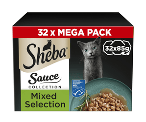 White background with a box of Sheba Sauce Collection Mixed Selection in sauce, pictured on the front is a British blue cat.