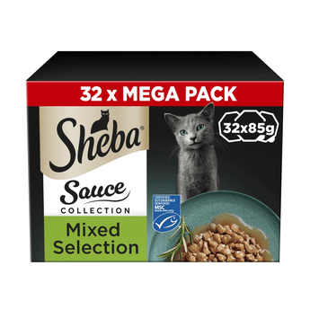 White background with a box of Sheba Sauce Collection Mixed Selection in sauce, pictured on the front is a British blue cat.
