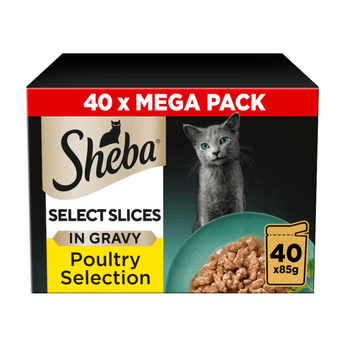 White background with a box of Sheba Select Slices Poultry Selection in jelly, pictured on the front is a British blue cat.