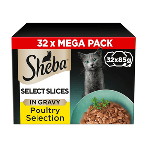 White background with a box of Sheba Select Slices Poultry Selection in jelly, pictured on the front is a British blue cat.