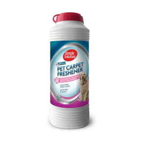 White background with a tub of Simple Solution Pet Carpet Freshener, on the bottle is a picture of a golden retriever dog. 
