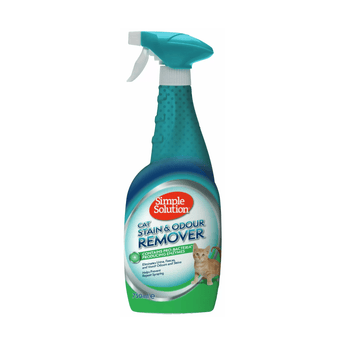 White background with a spray bottle of Simple Solution Cat Stain & Odour Remover, on the bottle is a picture of a ginger kitten. 