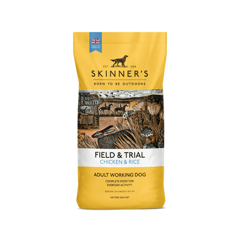 A 15kg bag of Skinner's Field & Trial Chicken & Rice dog food for adult working dogs, featuring a bright yellow packaging with a detailed illustration of a farm scene on the front.