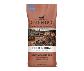 A bag of Skinner's Field & Trial Working 23 Adult Working Dog food, featuring a terracotta brown packaging with an illustration of horses and a white band across the middle.