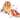 Hand holding Plastic hot dog in a bun with yellow mustard on a keyring with a yellow button and a orange coil bracelet attached. Arrows with text saying 'Clear single-button click!', 'Coil bracelet' and 'Durable plastic design' in front of a sitting golden retriever type dog. 