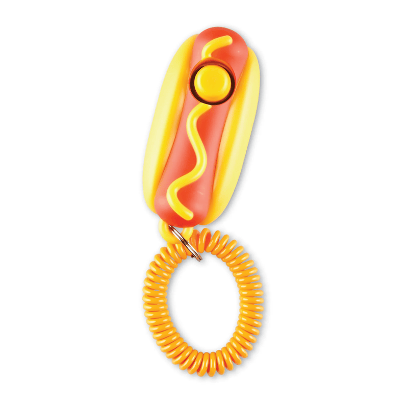 Plastic hot dog in a bun with yellow mustard on a keyring with a yellow button and a orange coil bracelet attached on a white background. 