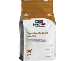 White background with a bag of Specific Digestive Support Low Fat dog food. 