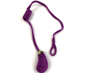 A purple plush aubergine-shaped cat toy with a matching purple rope and a small green leaf accent, shown on a plain white background.