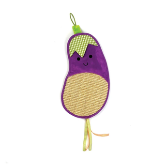 A plush aubergine-shaped hanging cat scratcher in purple and beige woven fabric with a green gingham top section, a small embroidered face, and ribbon ties, shown on a plain white background.