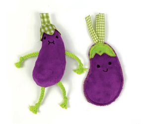 Two plush Aubergine-shaped cat toys on a white background, one standing and one sitting, both in purple with green tops and braided green limbs.