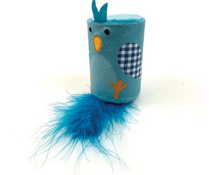 A blue cylindrical bird rattle roll toy with a embroidered face features, and white-and-blue gingham wings, and a fluffy blue tail, photographed on a white background.