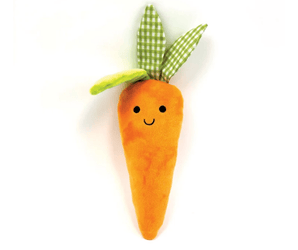 A plush carrot cat toy with an orange body, green and white gingham leaves, and a simple black embroidered smiley face, shown on a plain white background.