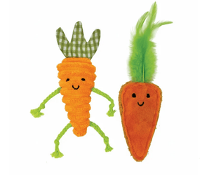 Two plush carrot cat toys on a plain white background. One carrot is orange with green gingham leaf tops and green rope limbs, and the other is orange with bright green feather-like tops and a stitched smile.