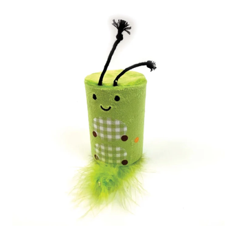 A green cylindrical caterpillar rattle roll toy with a smiling face, black antennae, a white-and-green gingham belly patch, brown polka dots for feet, and a fluffy lime-green tail, photographed on a white background.