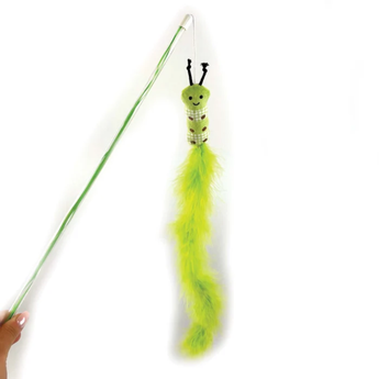 Green cat teaser toy with a caterpillar design with an embroidered smiley face and a long feathery tail on a white background.