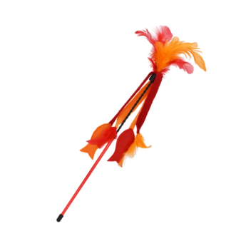 A bright orange cat teaser with a red handle, red and orange feathers, and felt fishes, isolated on a white background.