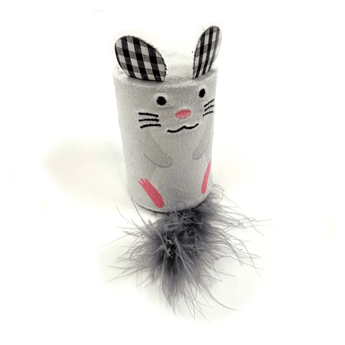A grey cylindrical mouse rattle roll toy with a embroidered face features, and white-and-grey gingham ears, and a fluffy grey tail, photographed on a white background.