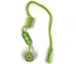 A green plush pea pod-shaped cat toy with a matching green rope and a larger pea at the bottom of the rope, shown on a plain white background.