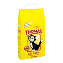 Yellow bag of Thomas cat litter with a black and white cat illustration on a white background