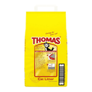 Yellow bag of Thomas cat litter with a cat illustration on a white background