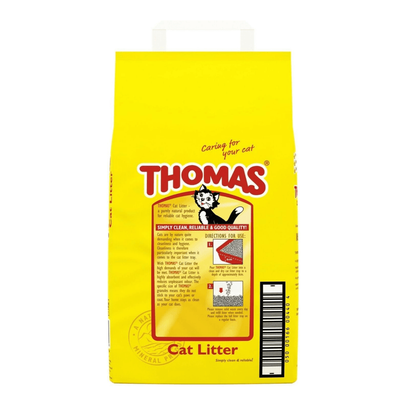 Yellow bag of Thomas cat litter with a cat illustration on a white background