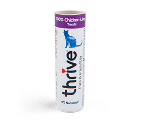 White background with a single tube of 'Thrive Pure & Irresistible' cat treats, text on tube also says '100% Chicken Liver, 0% Nonsense' with a silhouette of a cat pictured.  