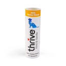White background with a single tube of 'Thrive Kind & Gentle' dog treats, text on tube also says '100% Chicken Breast, 0% Nonsense' with a silhouette of a small dog pictured.  
