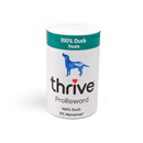 White background with a single tube of 'Thrive ProReward' dog treats, text on tube also says '100% Duck, 0% Nonsense' with a silhouette of a large dog pictured.  