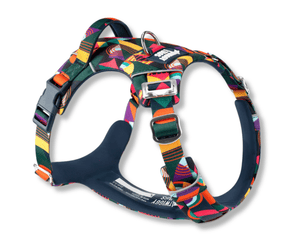 White background with a side view of a  multi-coloured Twiggy Tags Aurora Adventure dog harness with a tag with text 'Twiggy Tags' at the top.