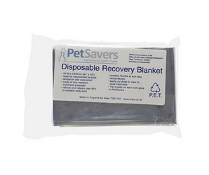 White background with a PetSavers Disposable Recovery Blanket enclosed in a plastic packaging.