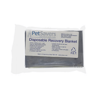 White background with a PetSavers Disposable Recovery Blanket enclosed in a plastic packaging.