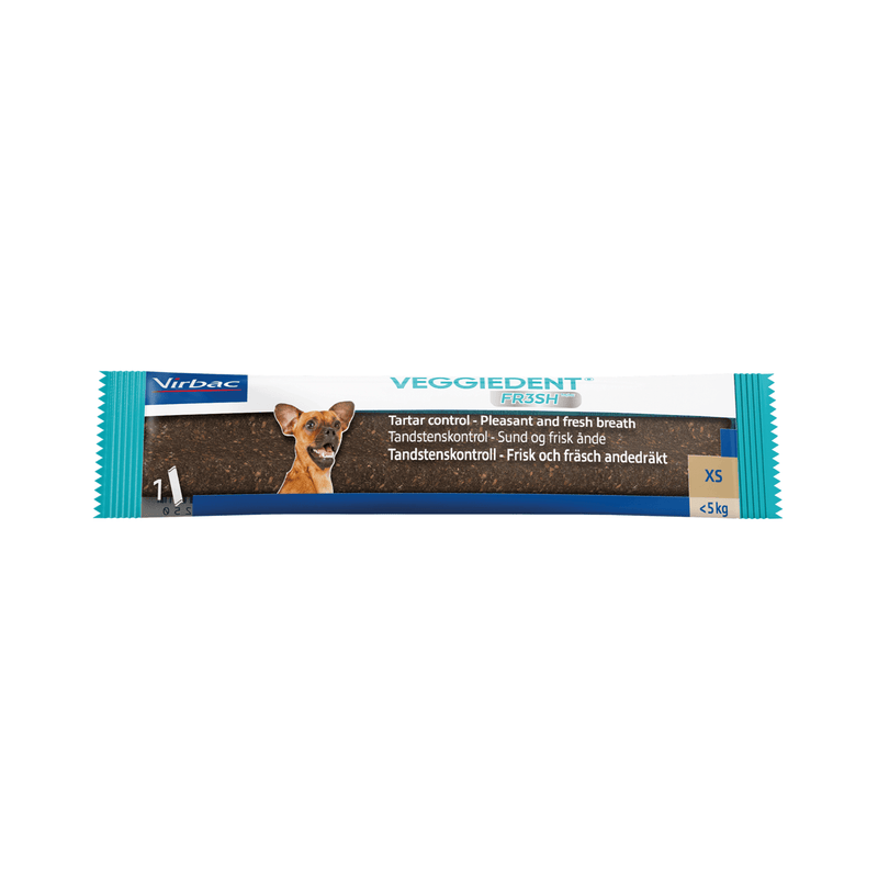 Dog treat package with a dog's face on the label against a white background