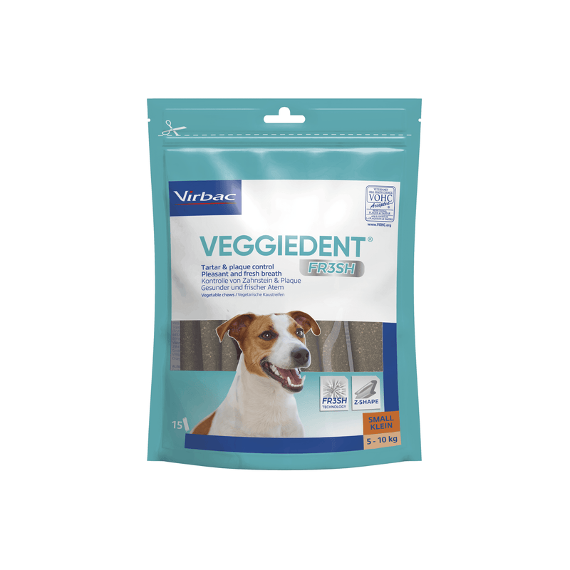 VeggieDent dog treat package with a dog illustration on a white background