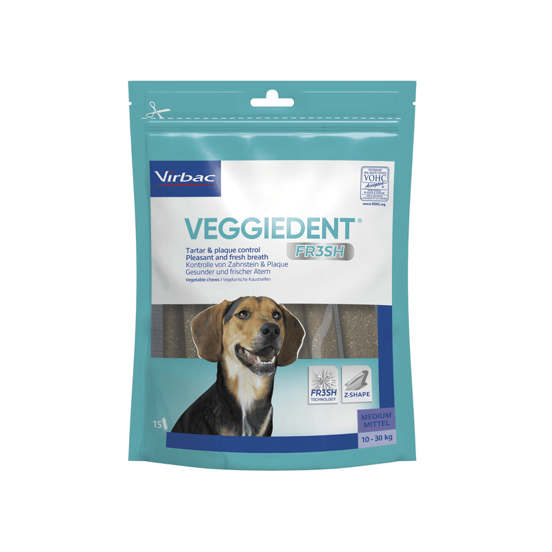 VeggieDent dog treat package with a dog's face on the label against a white background