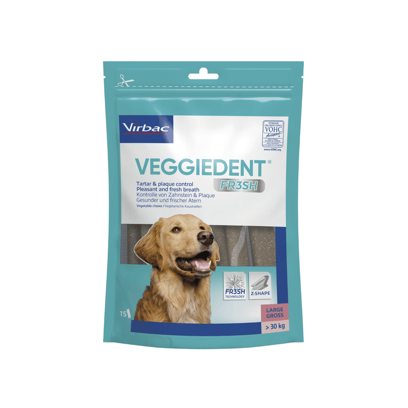 VeggieDent dog treat package with a dog's face on the label against a white background